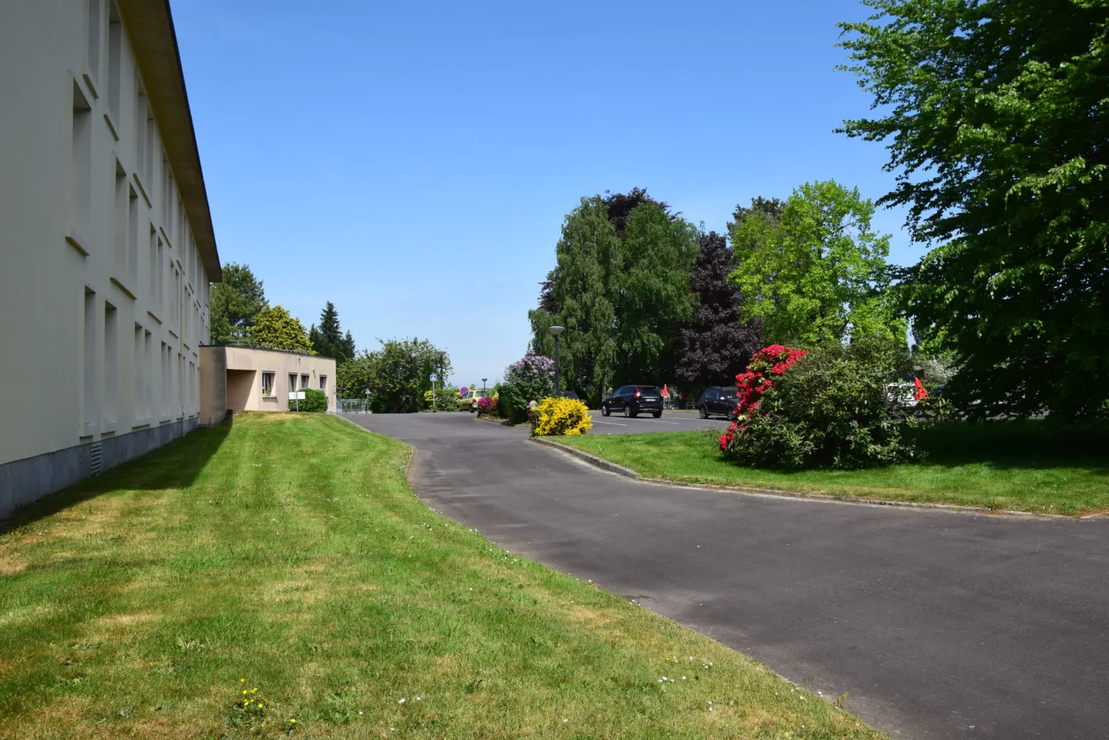 Façade de l'EHPAD et allée bordée de verdure